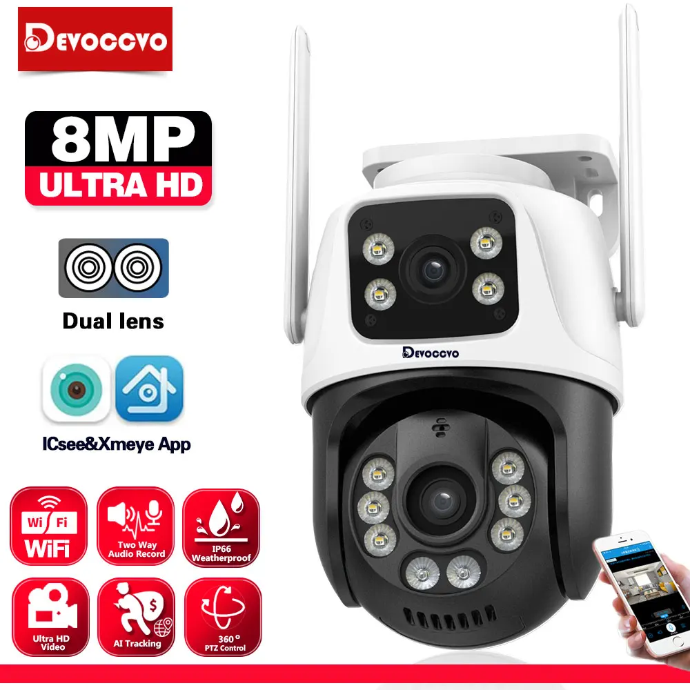 

Беспроводная уличная камера видеонаблюдения 4K 8МП с двумя объективами и двумя экранами, ИИ-обнаружение человека, автоматическое отслеживание, PTZ, Wi-Fi, приложение iCSee