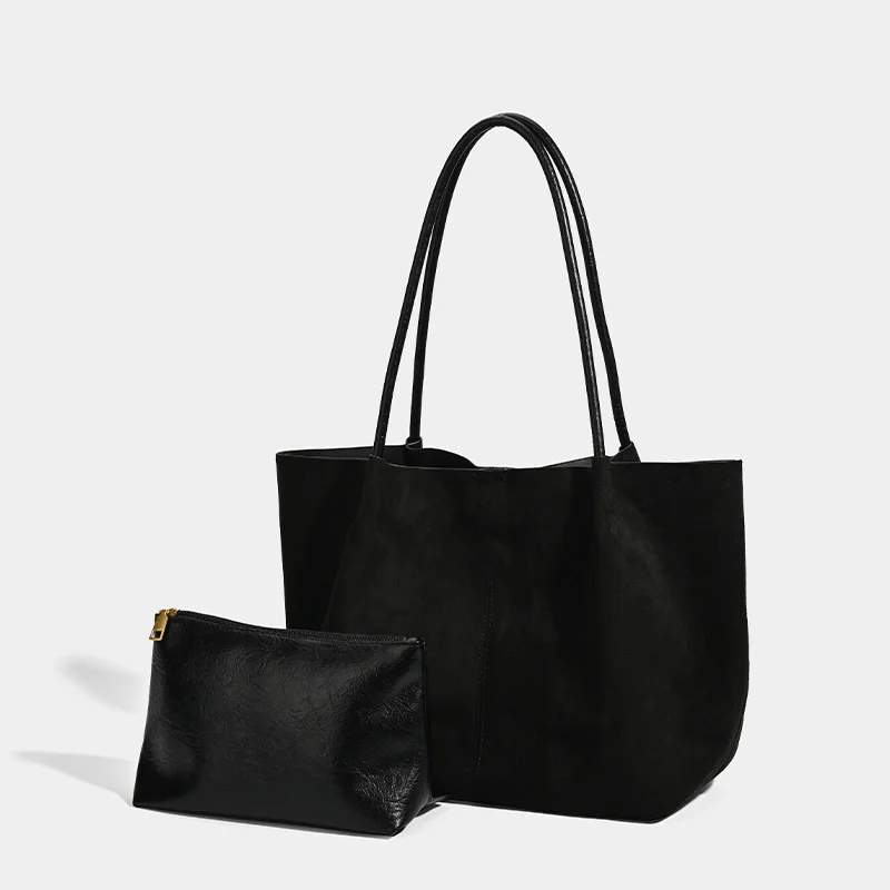 New  Women's Retro Suede Frosted Bag Casual Large Luxury Design Commuter High-end Armpit Bag Soft Handle Zipper Closed Tote Bag