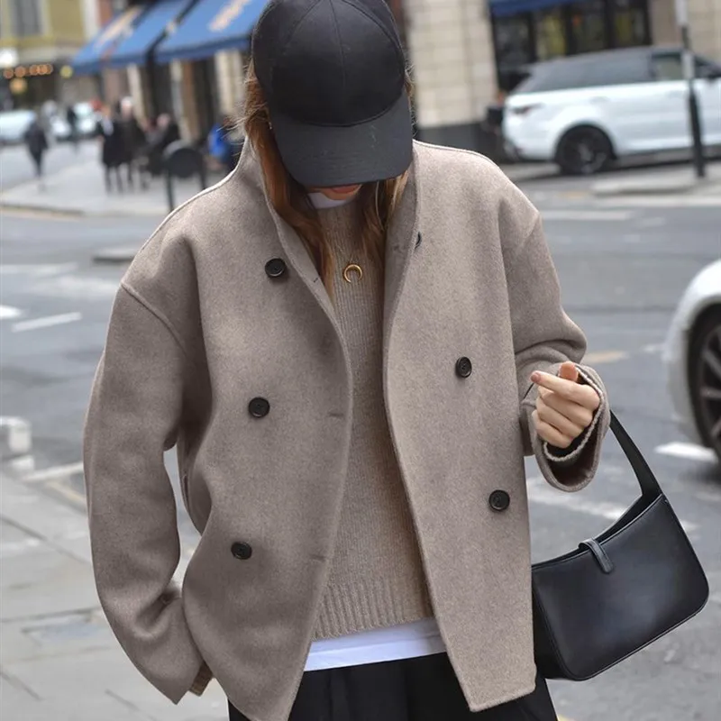 

Brown French V-Ne Double Breasted Wool Coat Long Sve Pure Color Autumn Winter Women's Faion High Quali Camere Coat