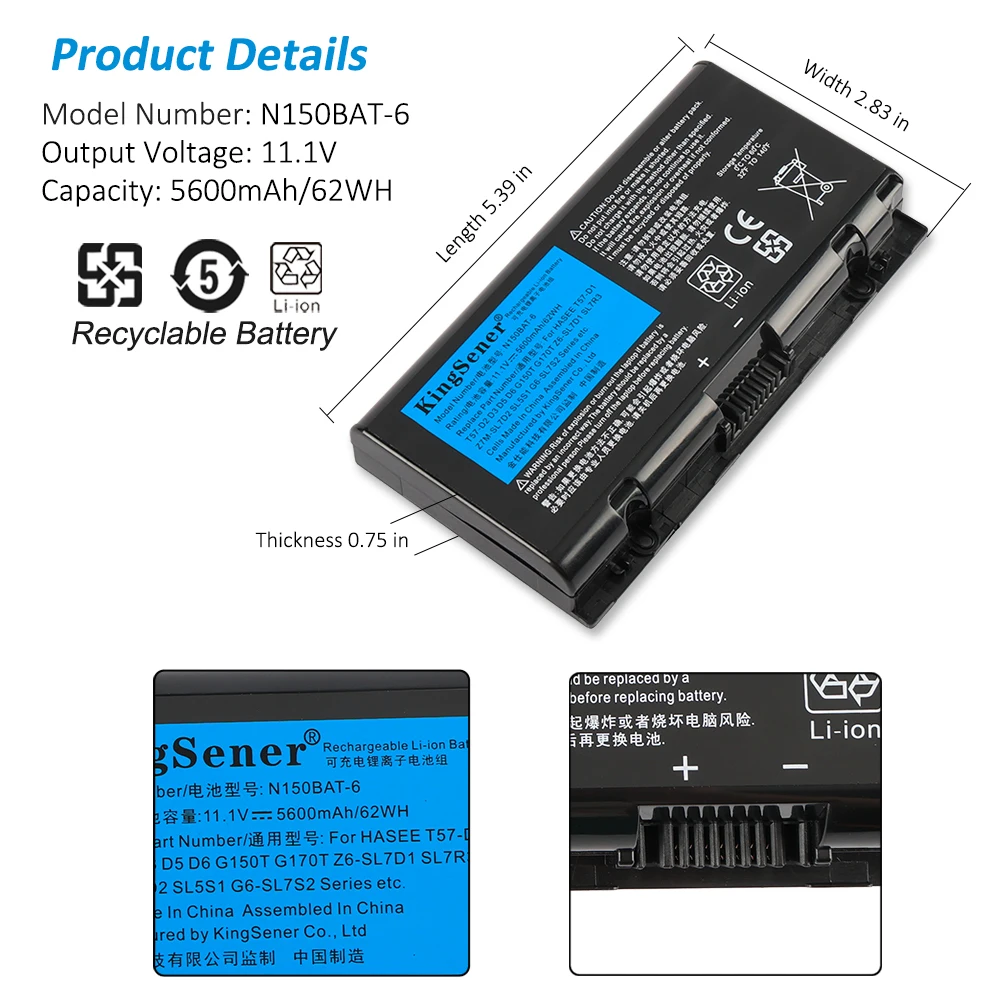 KingSener N150BAT-6 Laptop Battery For Clevo N150BAT-6 N170SD N150SD N151SD N155S 6-87-N150S-4292 5600mAh/62WH