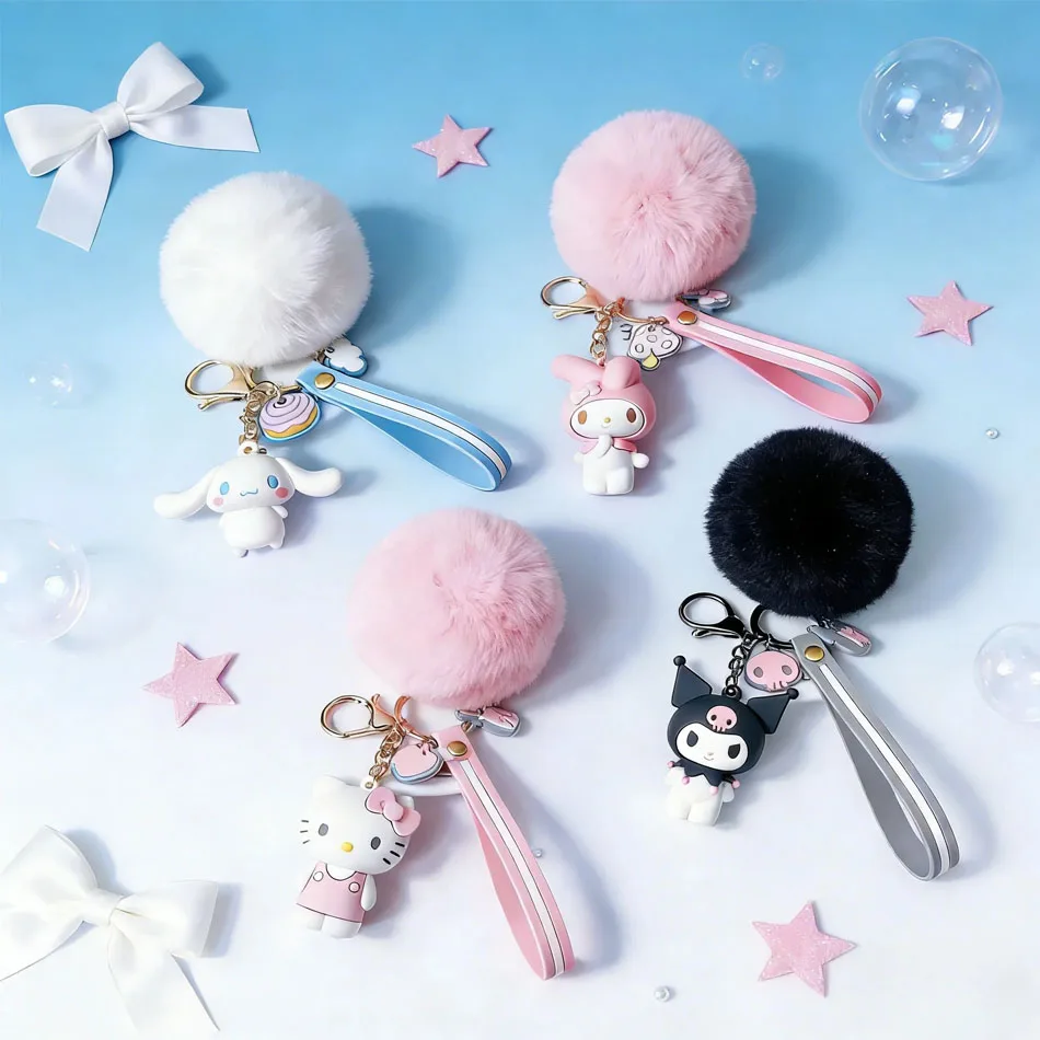Porte-clés mignons Sanrio Kawaii Hello Kitty Kuromi Melody Cinnamoroll avec boule de fourrure de lapin douce, pendentif pour sac de filles, souvenirs