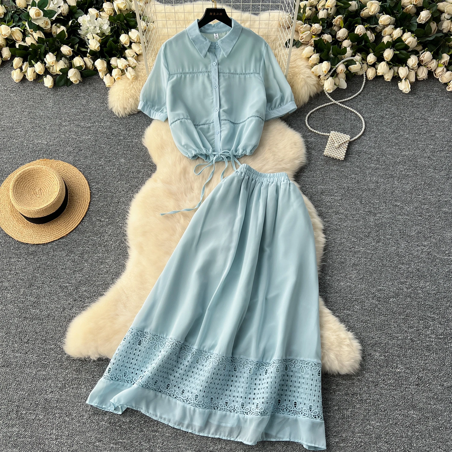 

Elegant Short Sleeves Draw String Chic Single Breasted Slim Blouse High Waist Lace Spliced Skirt French High Street Fashion Sets