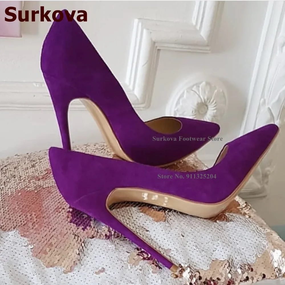 

Surkova 12cm High Heel Suede Wedding Shoes Purple Red Blue Shallow Cut Pointed Toe Dress Pumps Slip-on Banquet Shoes Size45