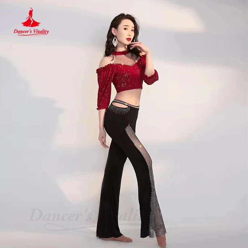 Belly Dance Professional Suit Shiny Trousers Oriental Dancing Performance Costume for Women Half Sleeves Top &trousers Clothes