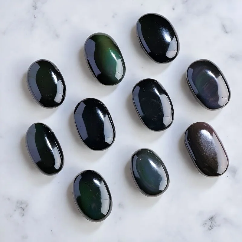 Natural Rainbow Black Obsidian Palmstones Feng Shui Gemstone Healing Energy For Home Decoration Reiki Stones