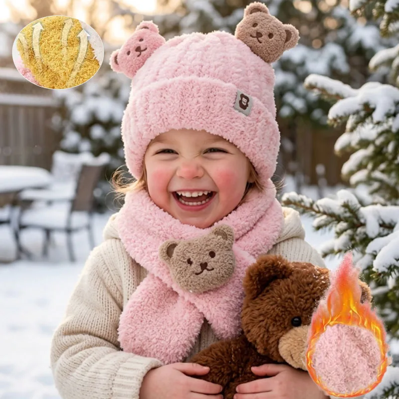 1-10PCS Baby Bear Earflap Hat and Scarf Set Thickened Knit Winter Cap with Neck Wrap for  Boys Girls Outdoor