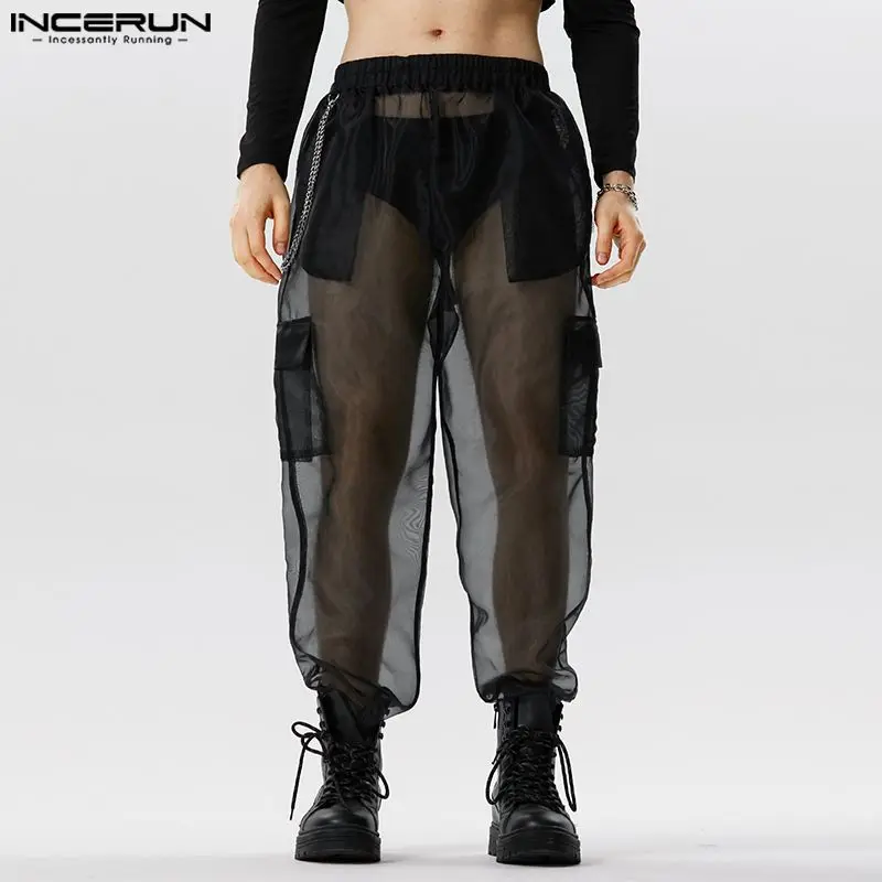 INCERUN Men Pants Mesh Transparent Joggers Sexy Pockets Elastic Waist Loose Trousers Men Streetwear 2023 Fashion Pantalon S-5XL