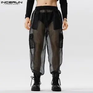 Incerun-Homens Lose elastische Taillenstrickhose, transparente Korridore, sexy Taschen, Streetwear, Pantalon Fashion, S-5xl, 2023 8 Hauptverkäufe männliche transparente Hosen - №4