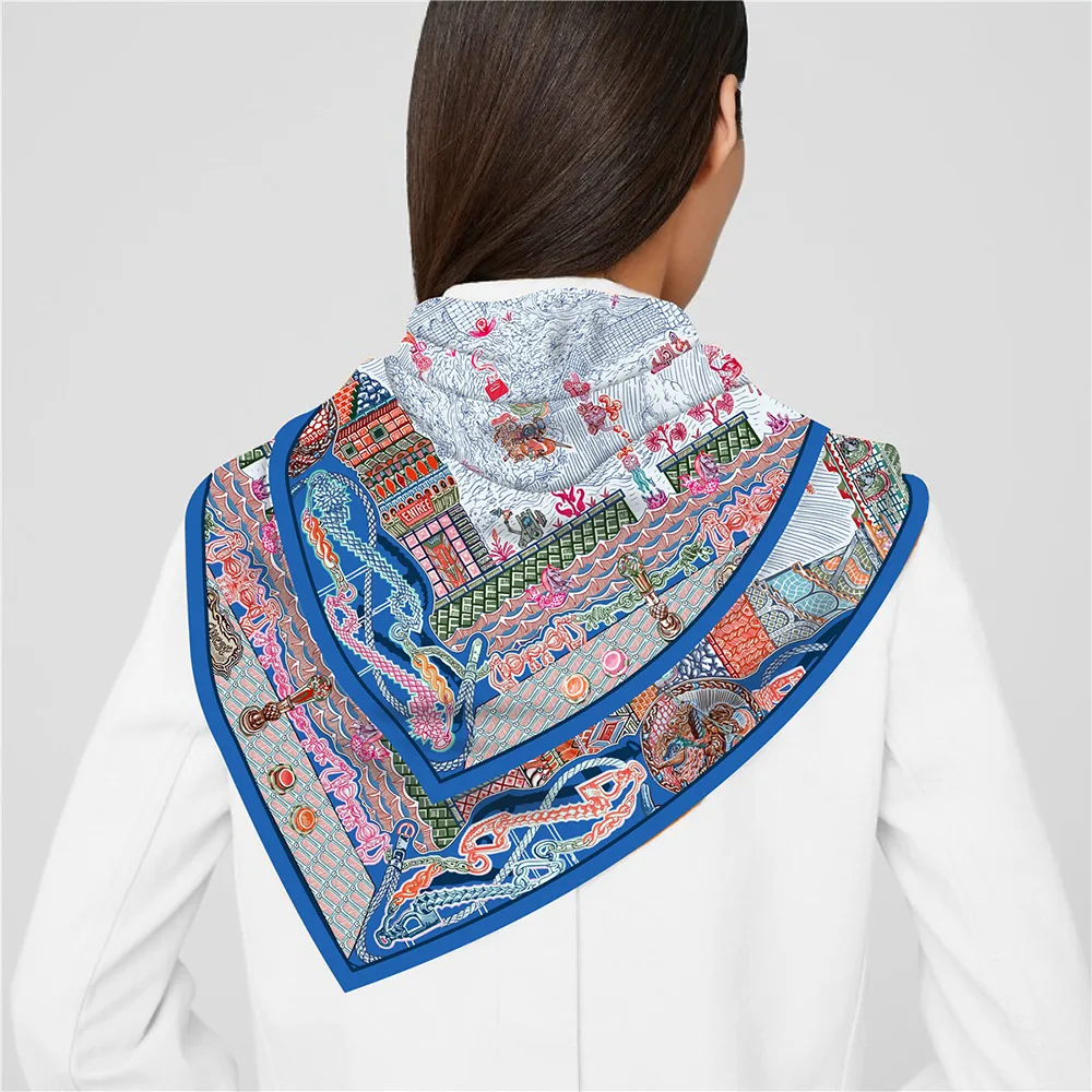 90CM Twill Silk Scarf For Women Architectural Adventure Print Wraps Headband Shawl Stoles Hijab Lady Square Foulard Bandana