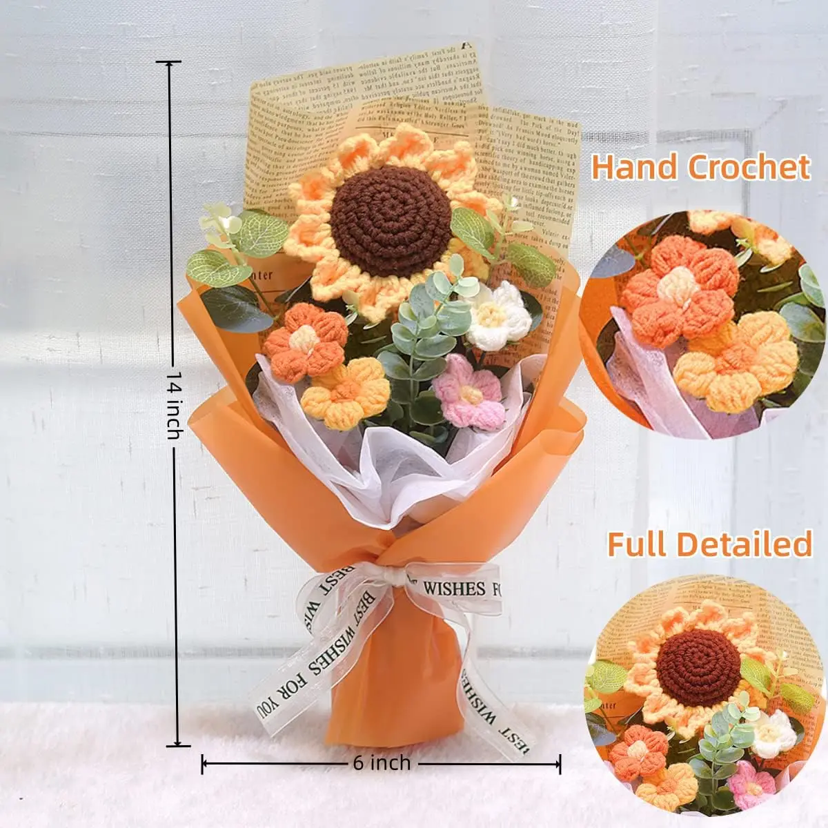 Sunflower Knitted Flowers Mothers Day Handmade Artificial Flowers Bouquet Home Decor Gift for Wedding Teacher’s Day Graduation