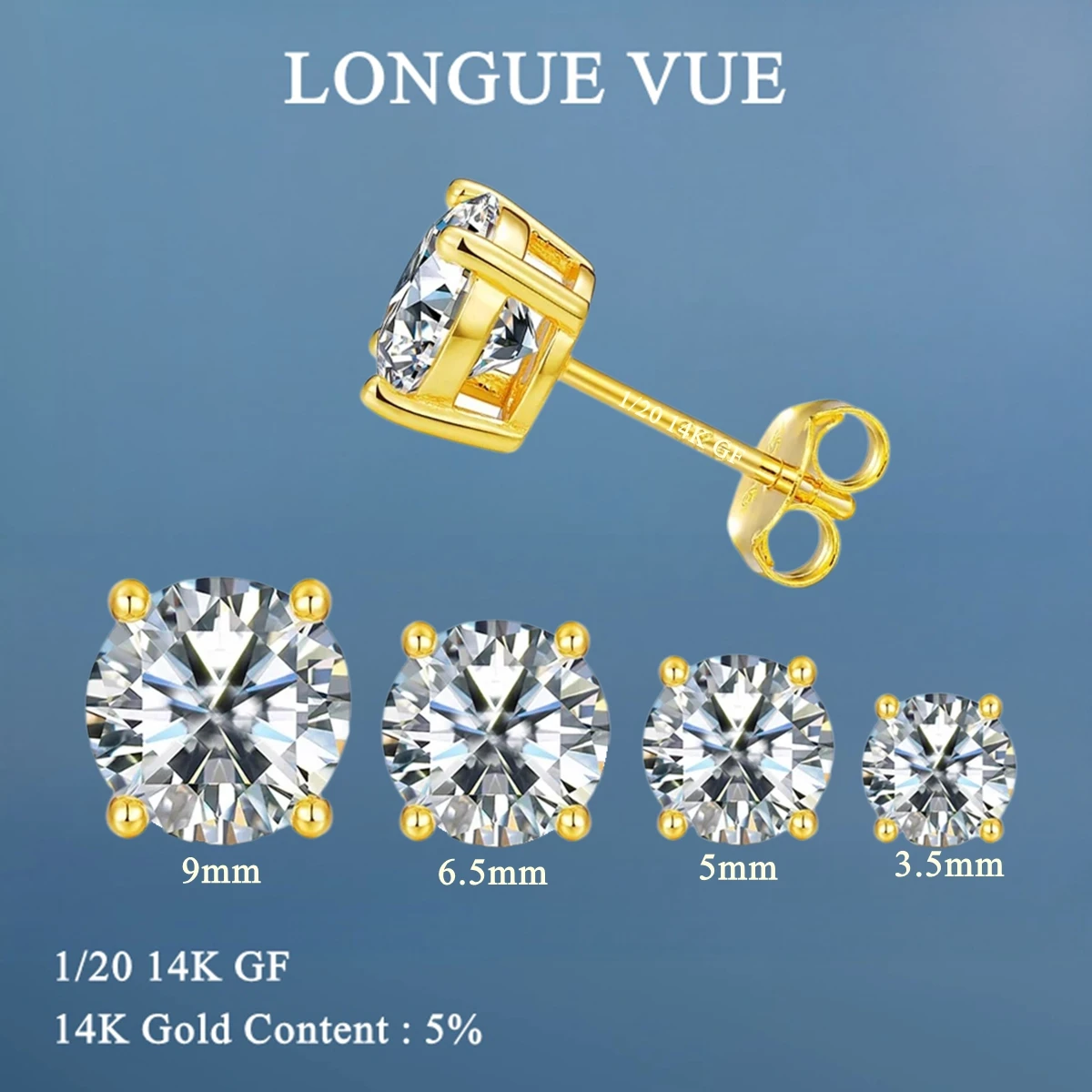 Non-Fade 14K Gold Filled Moissanite Stud Earring For Women Top Quality 100% AU585 Gold Sparkling Ear Stud Wedding Jewelry