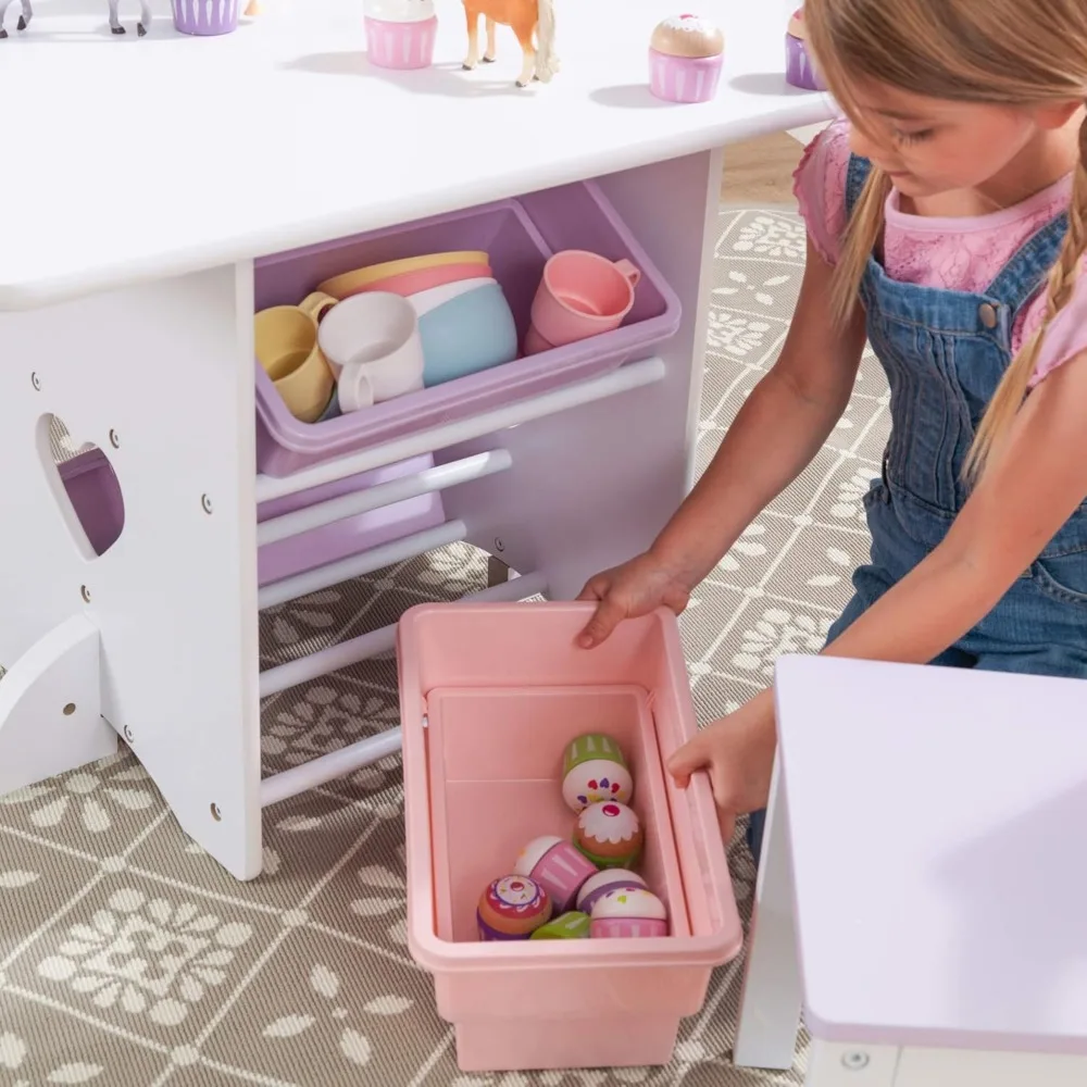 Juego de mesa y silla de corazón de madera con 4 contenedores de almacenamiento, muebles para niños, rosa, morado y blanco, regalo para edades de 3-8 años