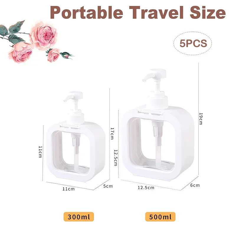 5pcs 300/500ml Refillable Pump Bottles with Shell Empty Plastic Lotion Soap Dispenser Large Capacity Liquid Containers Household