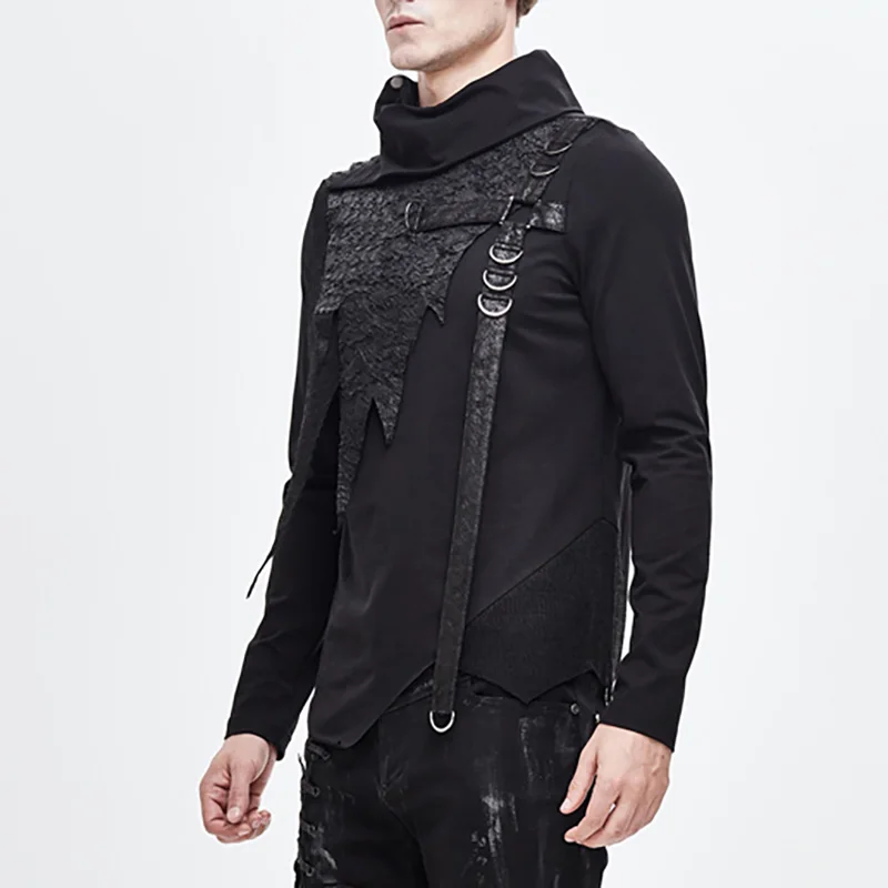 Punk Steampunk Gothic Rivet Men's T-shirt Top 2024 autumn and winter long sleeved high neck asymmetric men's T-shirt top