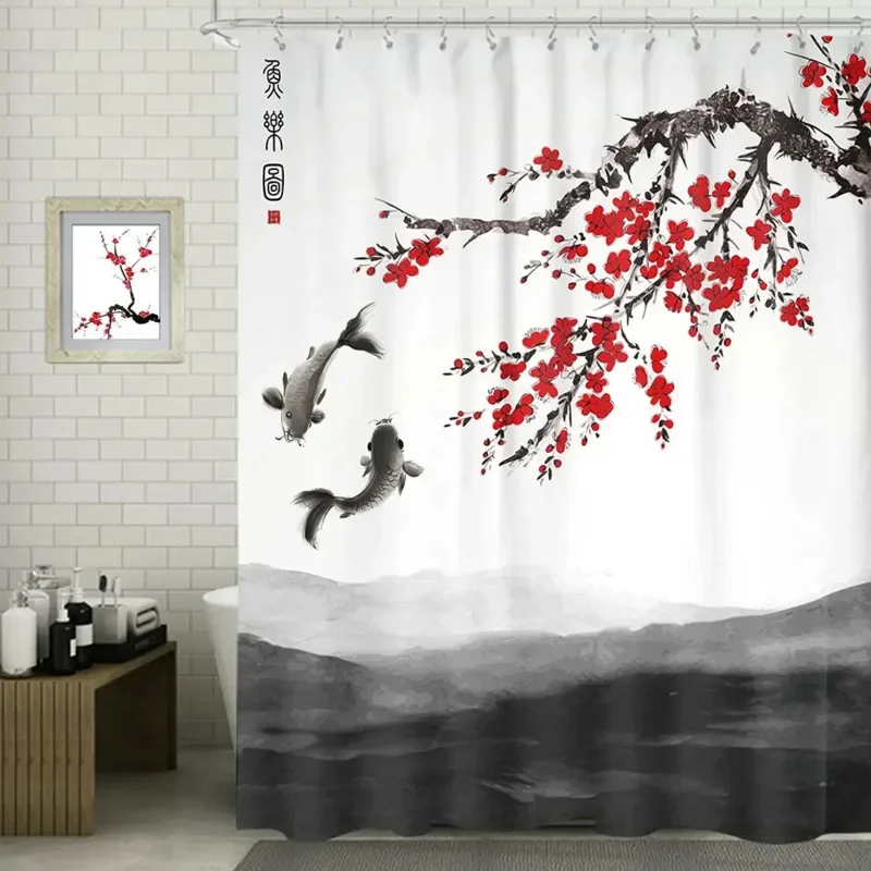 Cherry Blossom Shower Curtain Japanese Koi Red Plum Chinese Floral Trees Ink Painting Art Bathroom Polyester Waterproof Fabri@0