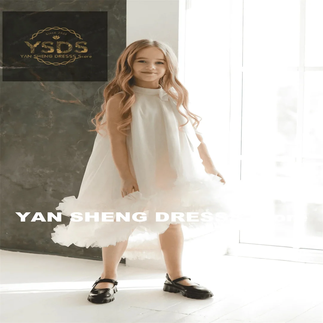 Customized Flower Girl Dress Ivory Tulle Puffy Sleeveless With Bow For Wedding Elegant Child First Eucharistic Birthday Party Dr
