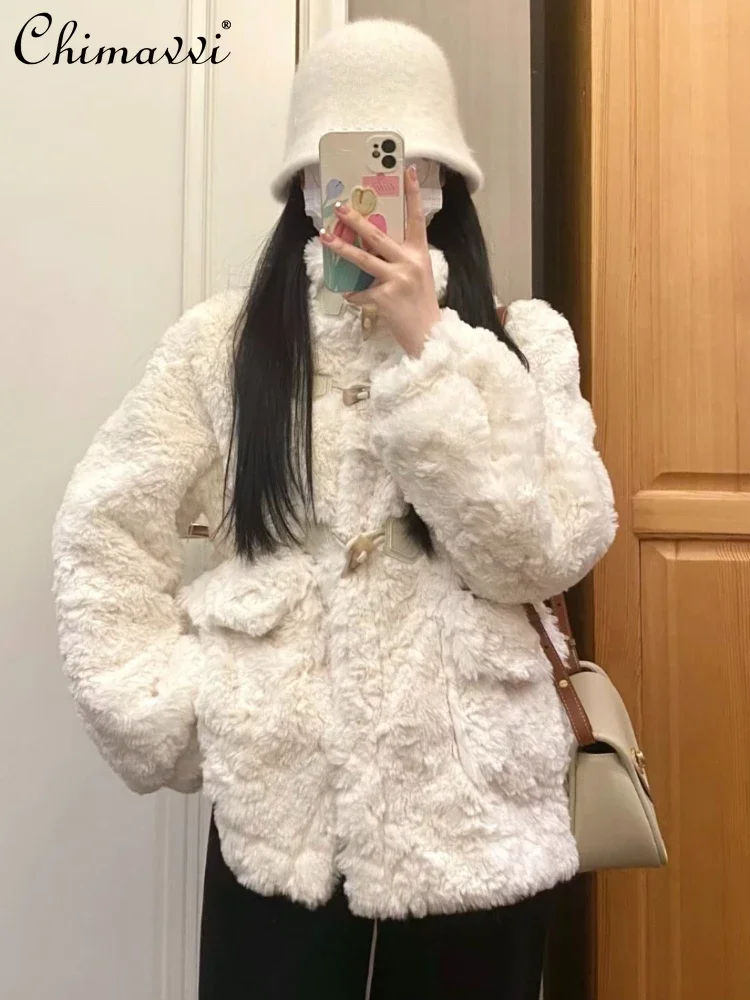 Fashion Commuter Style Elegant Long Sleeve Woolen Coat 2023 Autumn Winter Sweet Cute Retro Single Breasted Short Faux Fur Coat