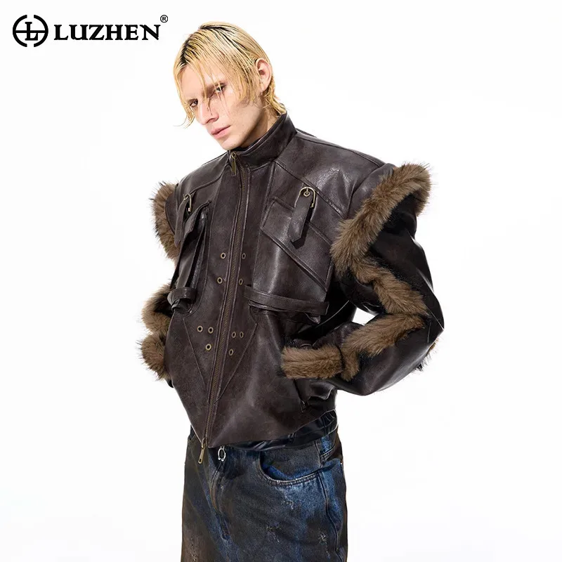 LUZHEN Fashion Personalized High Street Fur Patchwork Design Leather Jacket Men's Winter 2025 New High Quality Male Coat JY4886