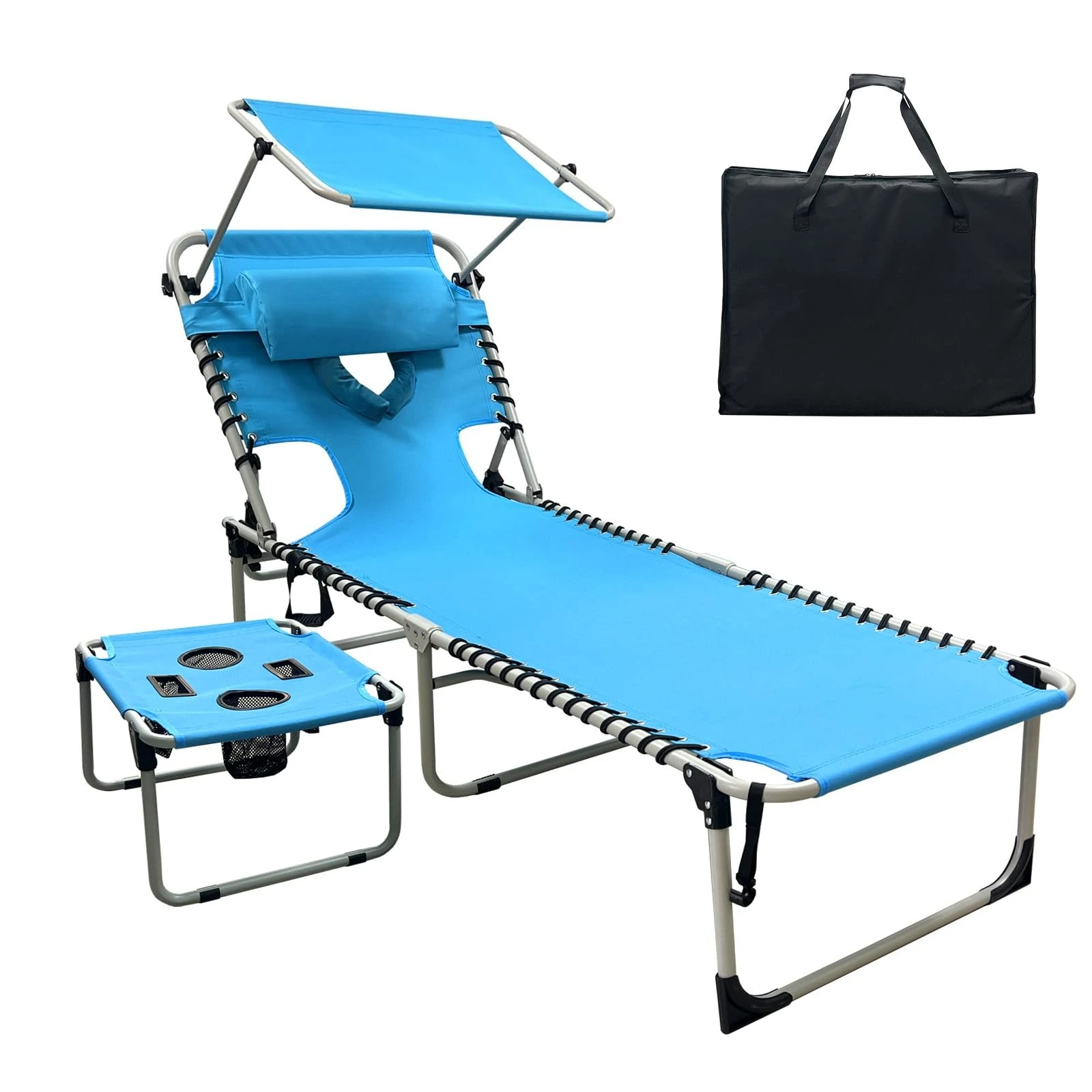 Outdoor Tanning Chair With Sun Canopy Shade Face Hole Folding Lounge Chair Beach Table Carry Bag Portable Chaise Recliner For Poolside Sunbathing Lawn