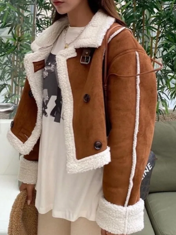 

Winter New High Collar Belt Bule Double Row Button ort Sle Leather And Fur Inteated Women's Coat Chic Hong Kong Sle...