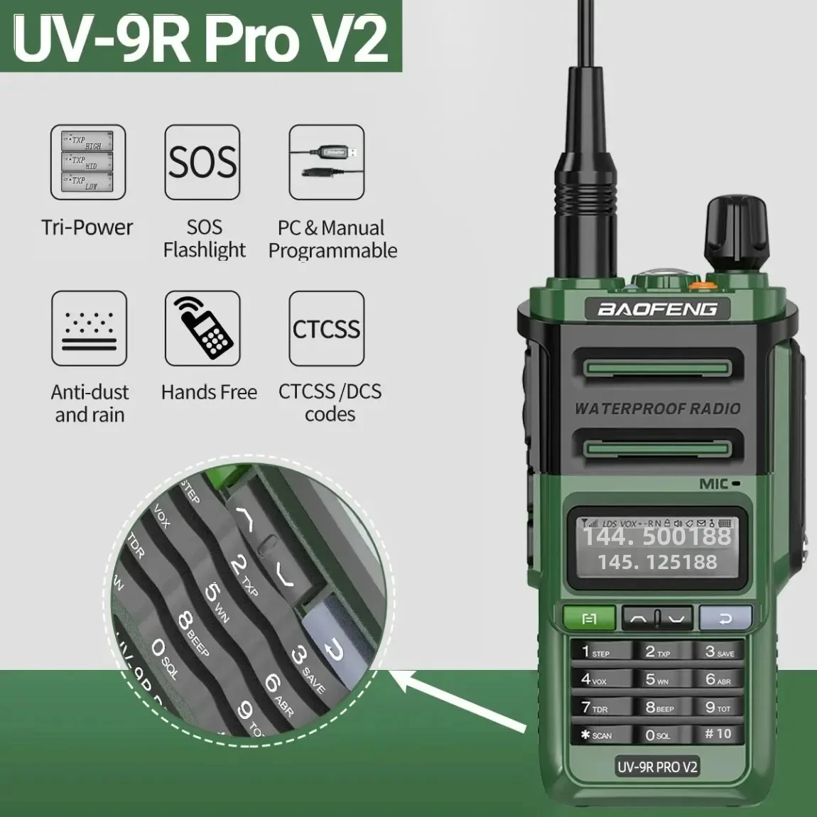

UV 9R Pro V2 Baofeng IP68 Waterproof Walkie Talkie Tri-Power Type-C Charger Dual Band Ham CB Radio Two Way Radio of UV 9R Plus