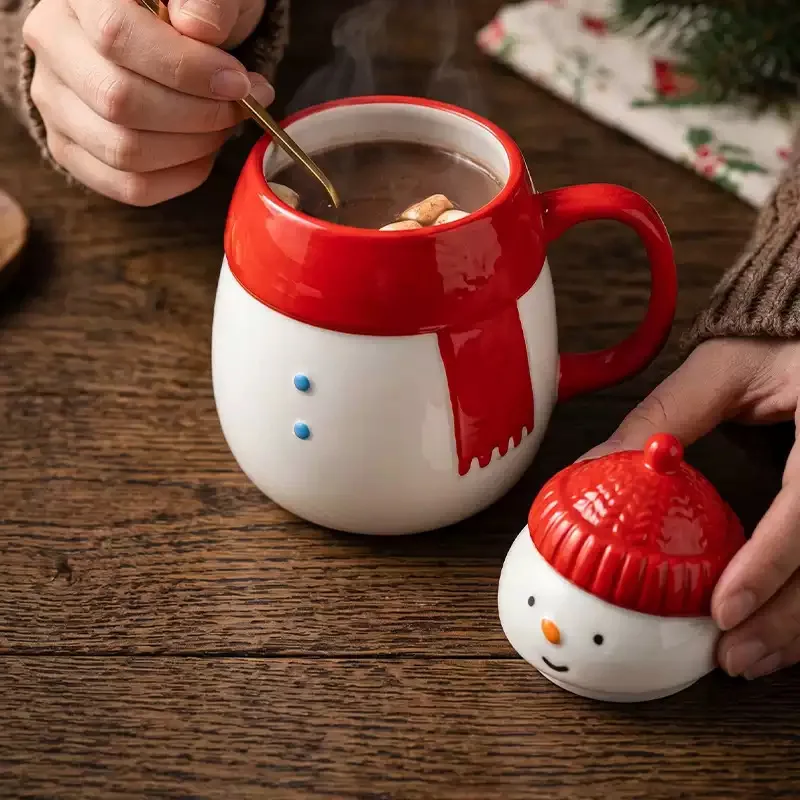 Creative Scarf Snowman Ceramic Coffee Cup with Lid Modern Cartoon Snowman Ceramic Tea Cup Household Couple's Mug Christmas Gift