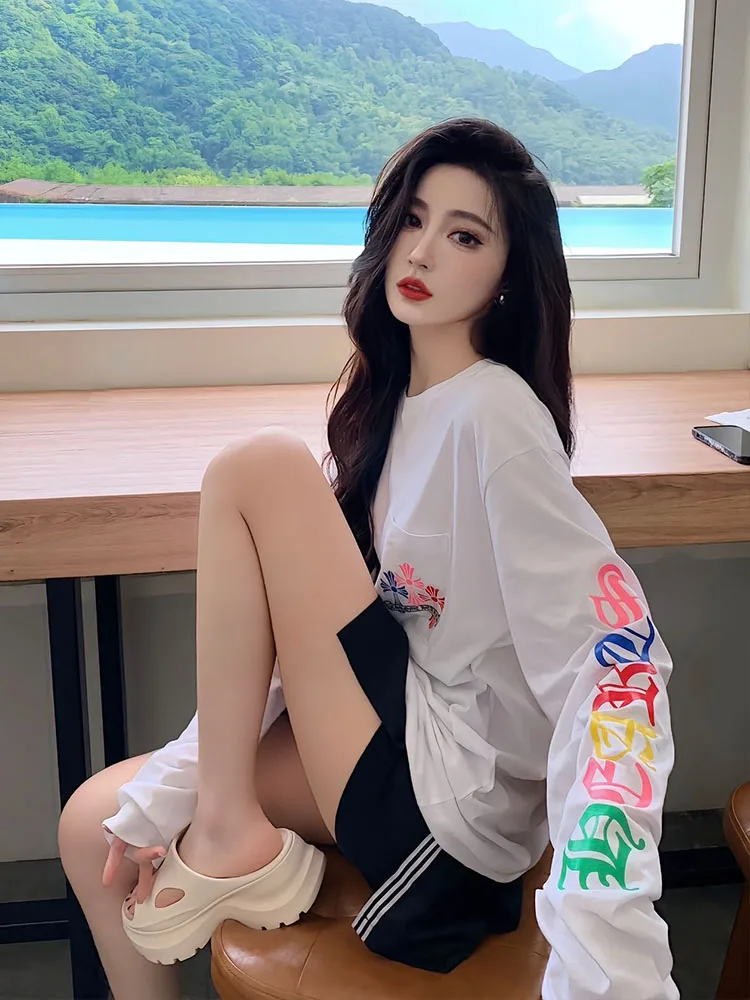 

Cross Print Long Sve T-irt Women's Loose Fit Slimming Versatile Casual Sle Cotton Top for Early Autumn