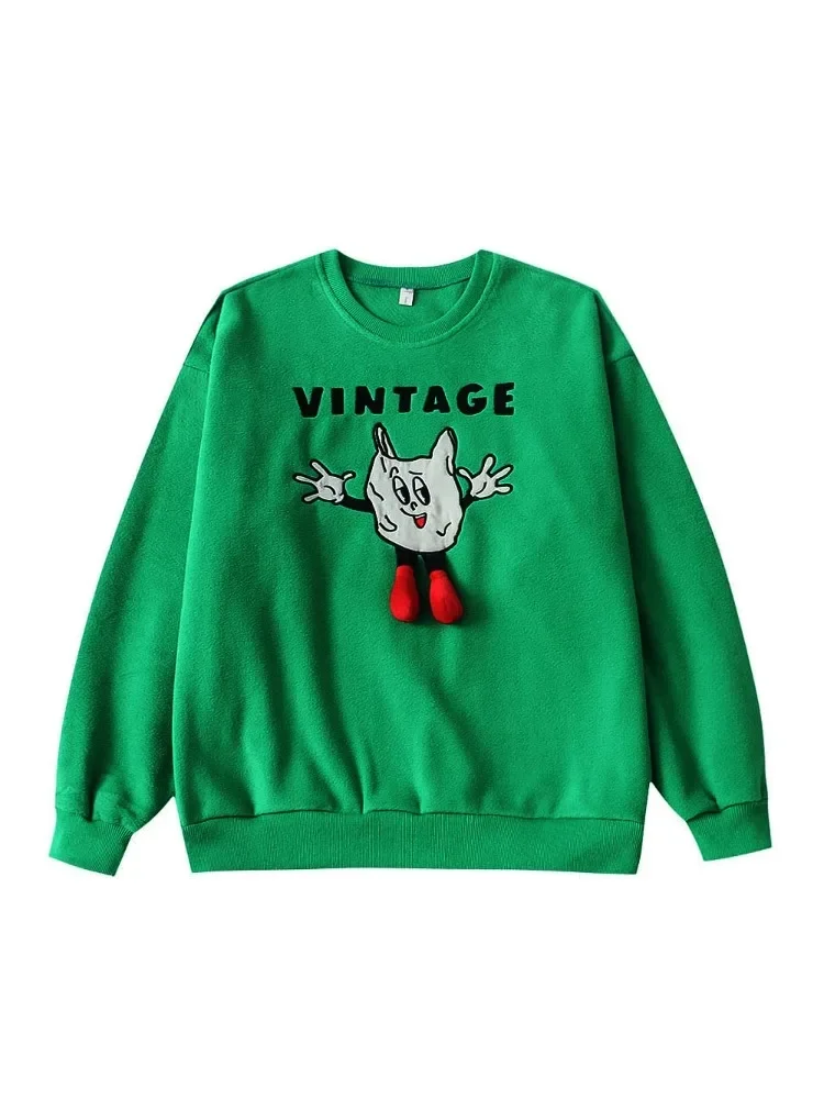 2025 Warm Women's Green Fleece Jumper Tops Patch Embroidery Winter Schoolgirls' Pullover Sweatshirt Cartoon Embroidered Sweater