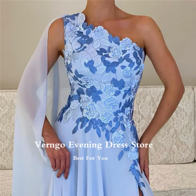 Verngo elegante azul chiffon longo cabo vestidos de noite um ombro applique side slit árabe feminino formal festa formatura vestidos