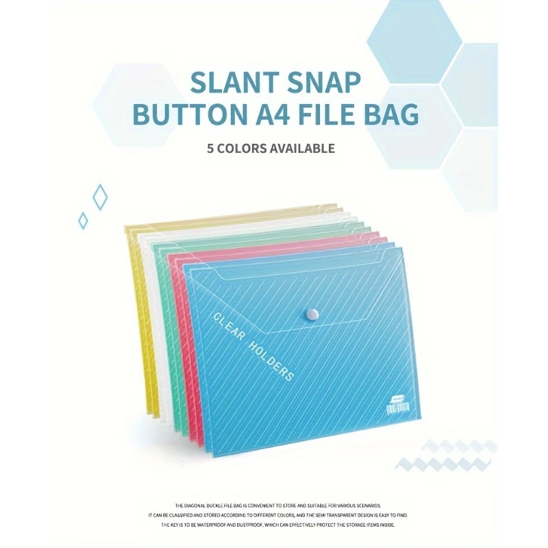 

5-Pack Waterproof A4 File Folders - Snap-Shut Plastic Document Bags for Secure & Organized Storage