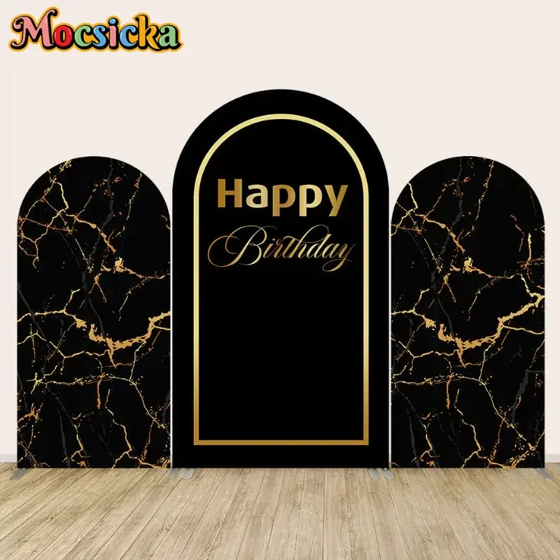 

Black and Gold Marble Happy Birthday Arch Backdrop Cover Customize Kids Birthday Arched Wall Photography Background Baby Shower
