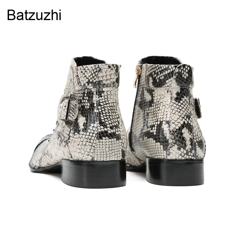 

Элегантные мужские ботинки Batzuzhi, кожаные ботильоны со с серебряным металлическим носком и змеиным узором, мужские деловые ботильоны на молнии, обувь для вечеринок!