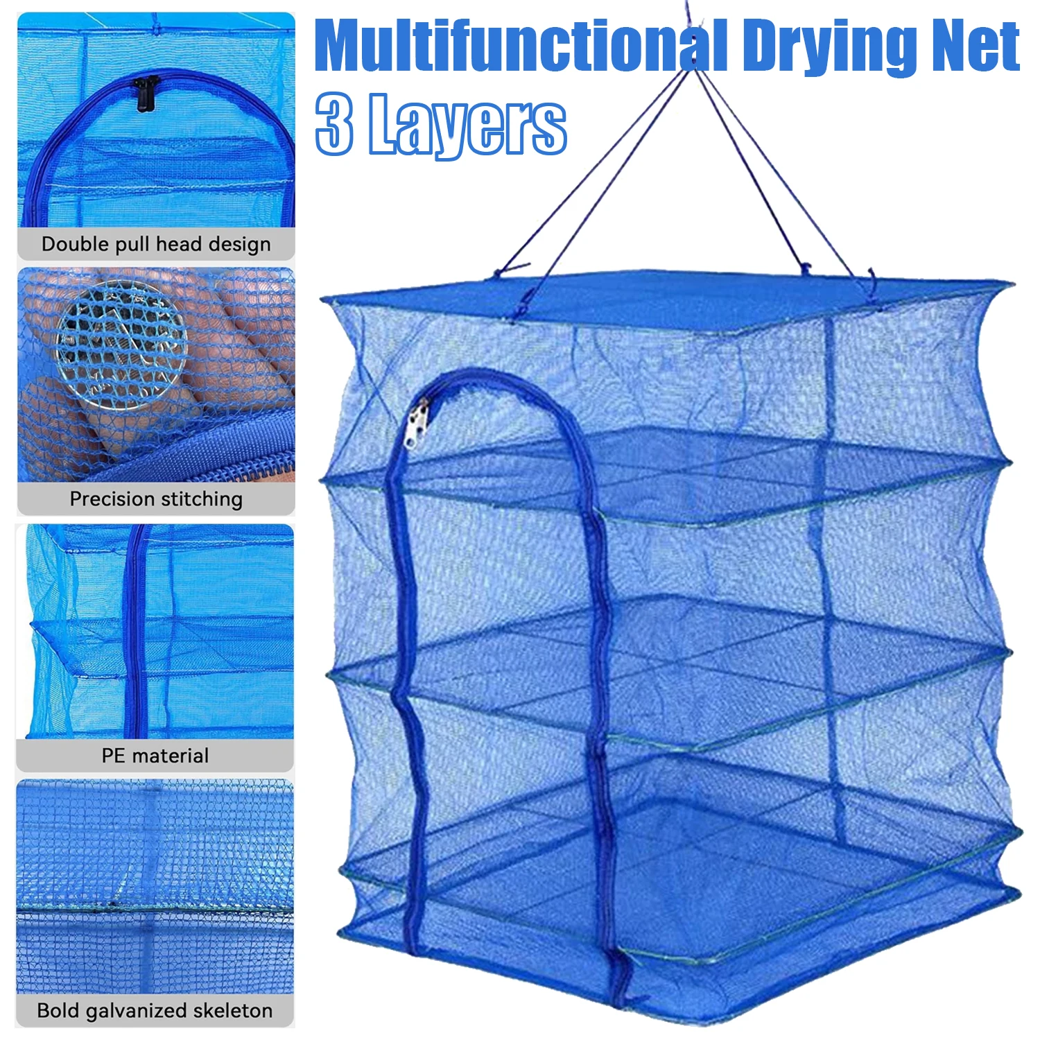 

3 Layers Foldable PE Nylon Drying Net, Hanging Fish Net Drying Rack for Vegetable Fish Dishes Flowers Buds Plant Organizer Bag