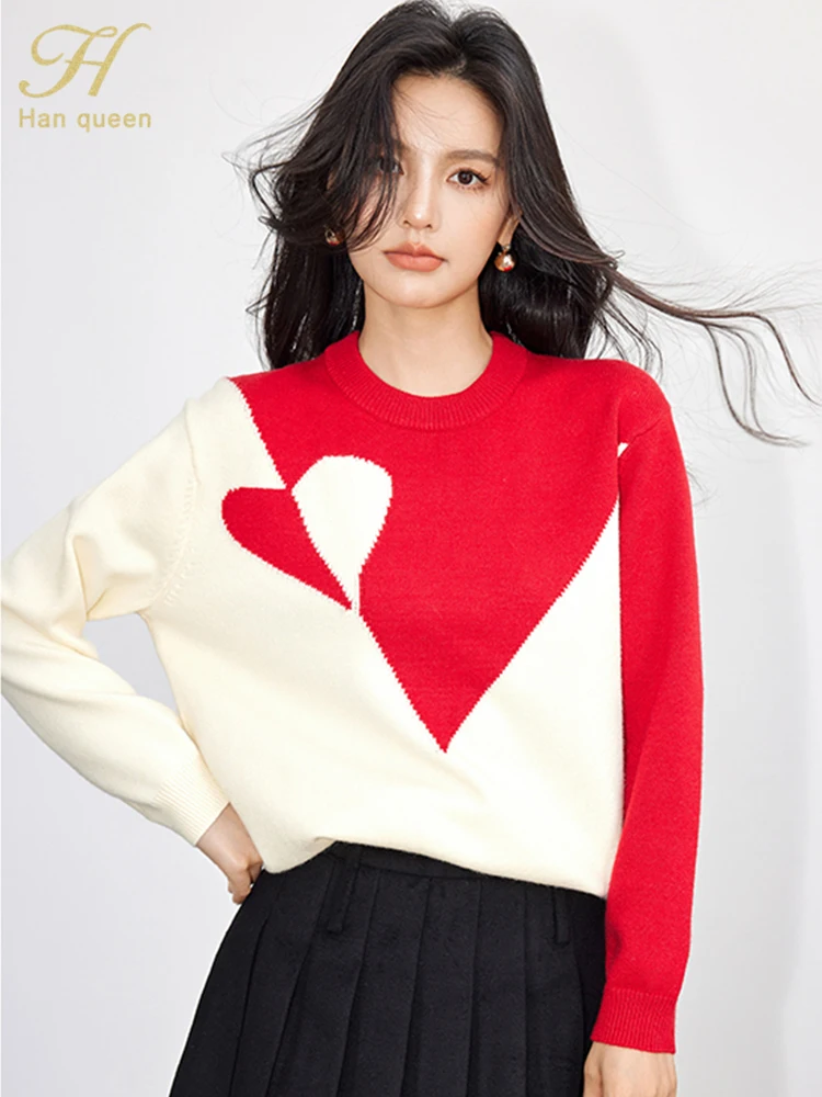 H Han Queen 2024 Autumn Winner Lazy Red Thickened Pullover Sweater Womens Vintage Casual Tops Basic Long Sleeve Knitted Sweaters