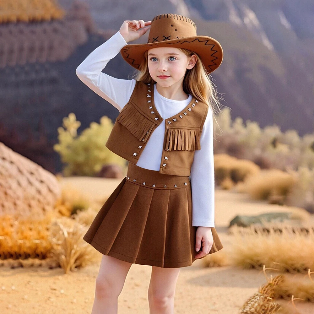 

Комплект из 3 предметов в стиле вестерн для девочек: карнавальный костюм для детей, наряд для тематических вечеринок и выступлений, с бахромой и заклепками