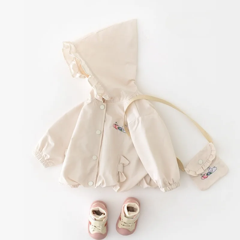 

2025 Autumn New Girls Cartoon Embroidered Rabbit Hooded Jacket Coat Infant And Toddler Bowknot Windproof Tops Girls Coats