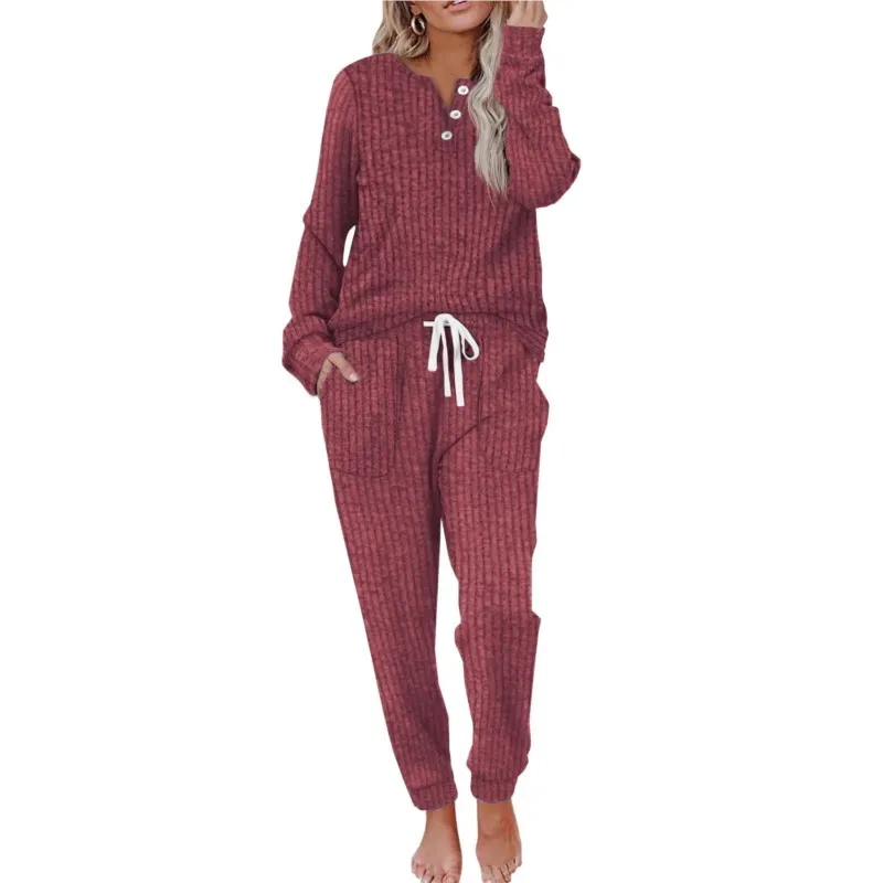 Casa casual feminino 2 peça conjunto 2025 outono inverno malhas calças terno pijamas com nervuras conjunto homewear loungewear outfits
