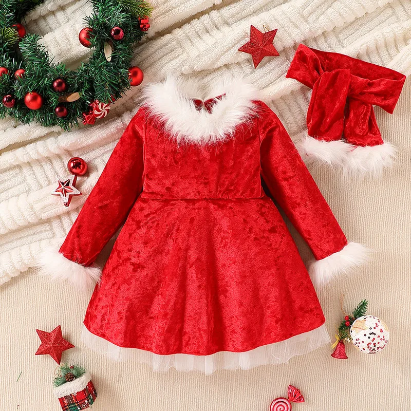 18 Months to 6 Years Baby Girl Christmas Dress Long Sleeve Velvet Dress + Scarf Set Infant Baby Clothing