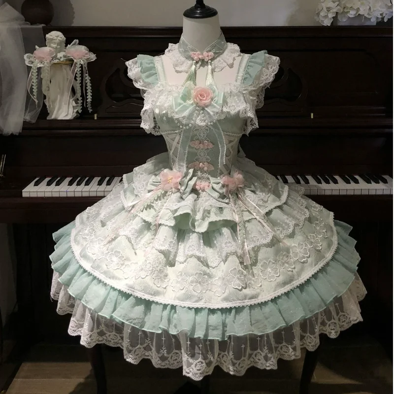 オリジナルスイートキュートガール誕生日パーティー プリンセスLOショートドレス 3Dボウレーススプライス パフスリーブ カワイイピンク ロリータJSKドレス 女性用