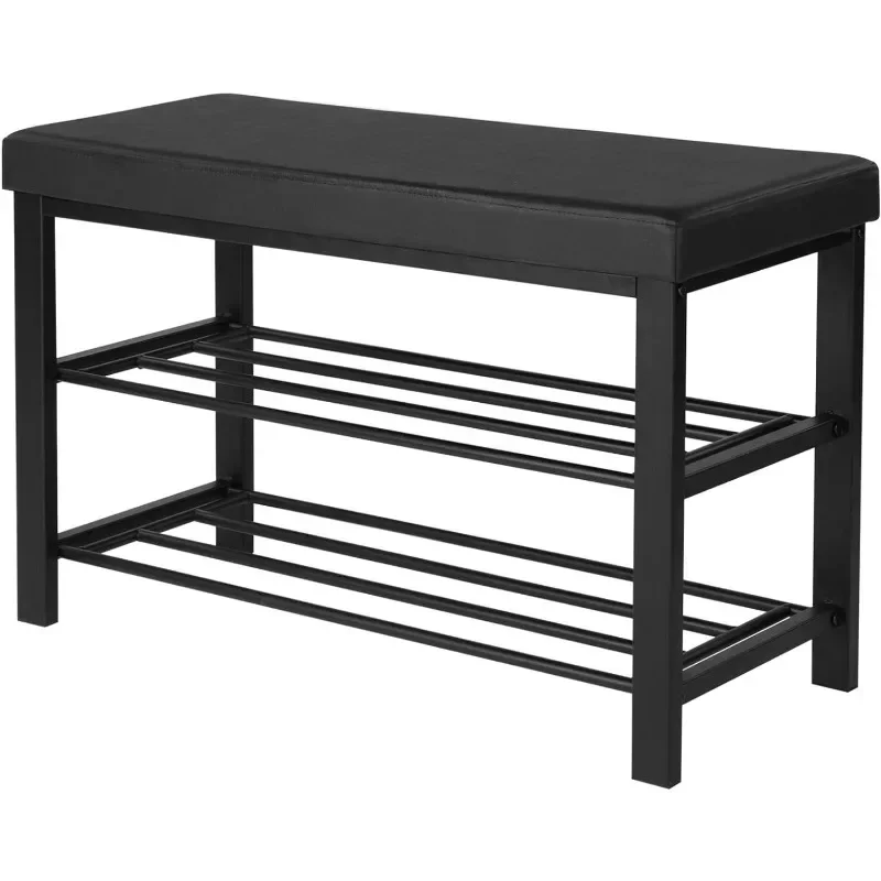 

Shoe Bench 3-Tier Shoe Rack for Entryway Storage Organizer with Foam Padded Seat Faux Leather Metal Frame