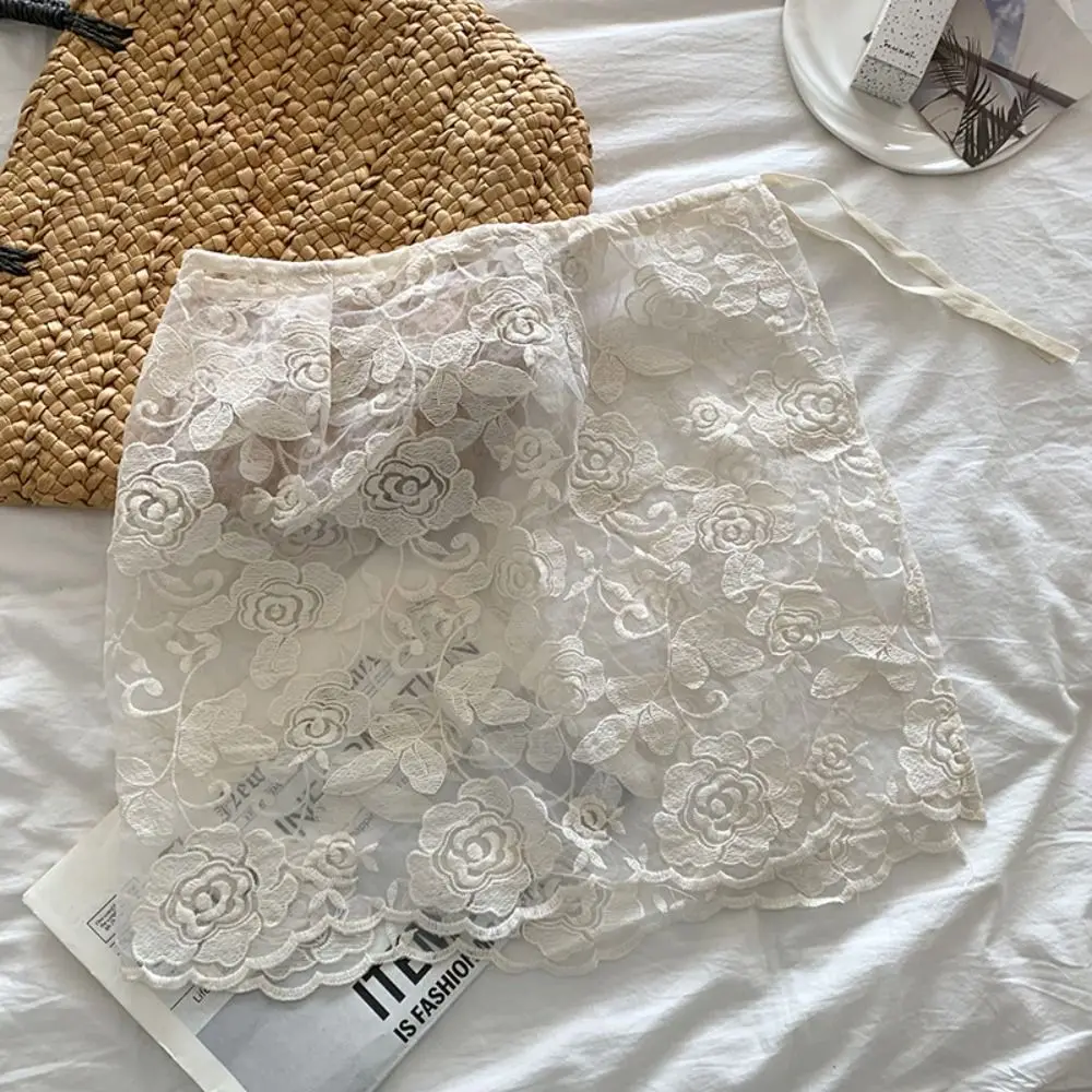 All-Match Sweet Lace Half Skirt Y2K Hight Waist Gauze Skirt Flower Embroidery Lace-up Outwear Mini Skirt Female