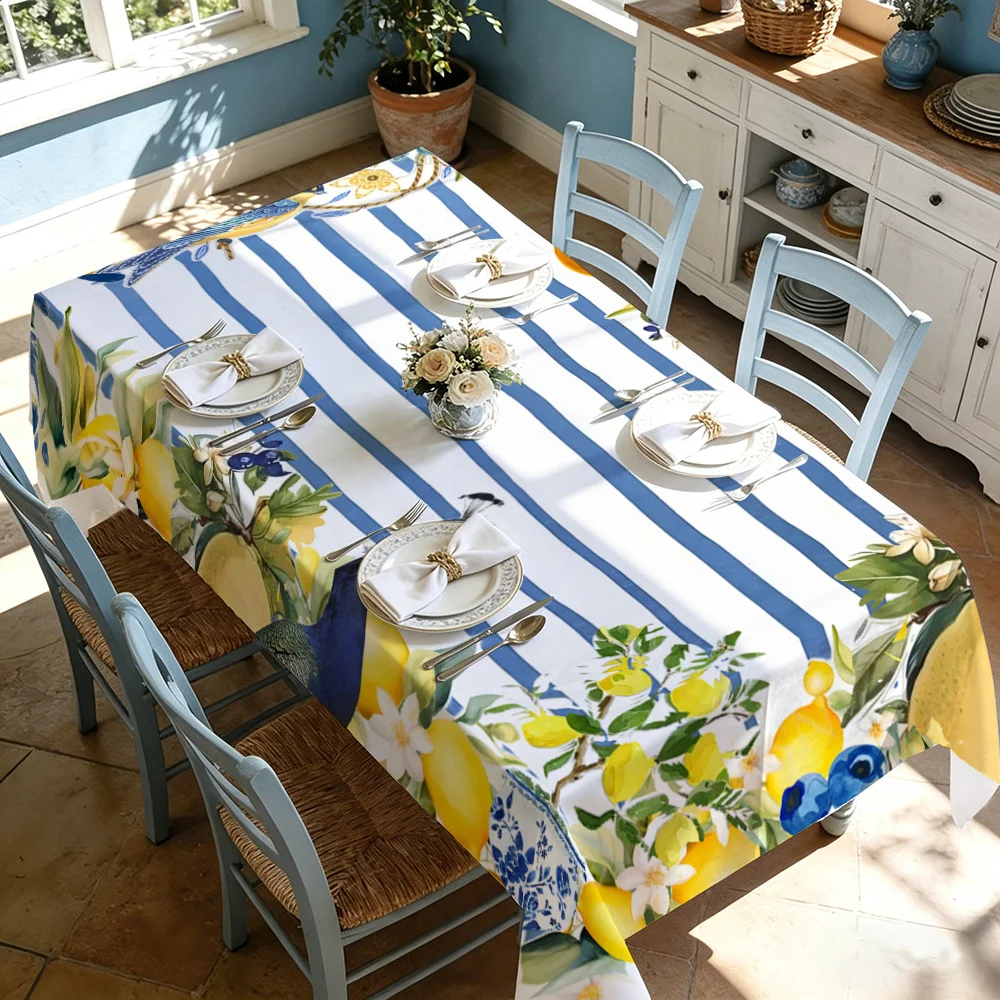 One summer blue and white striped lemon print tablecloth, farmhouse country style tablecloth and coffee table cover cloth