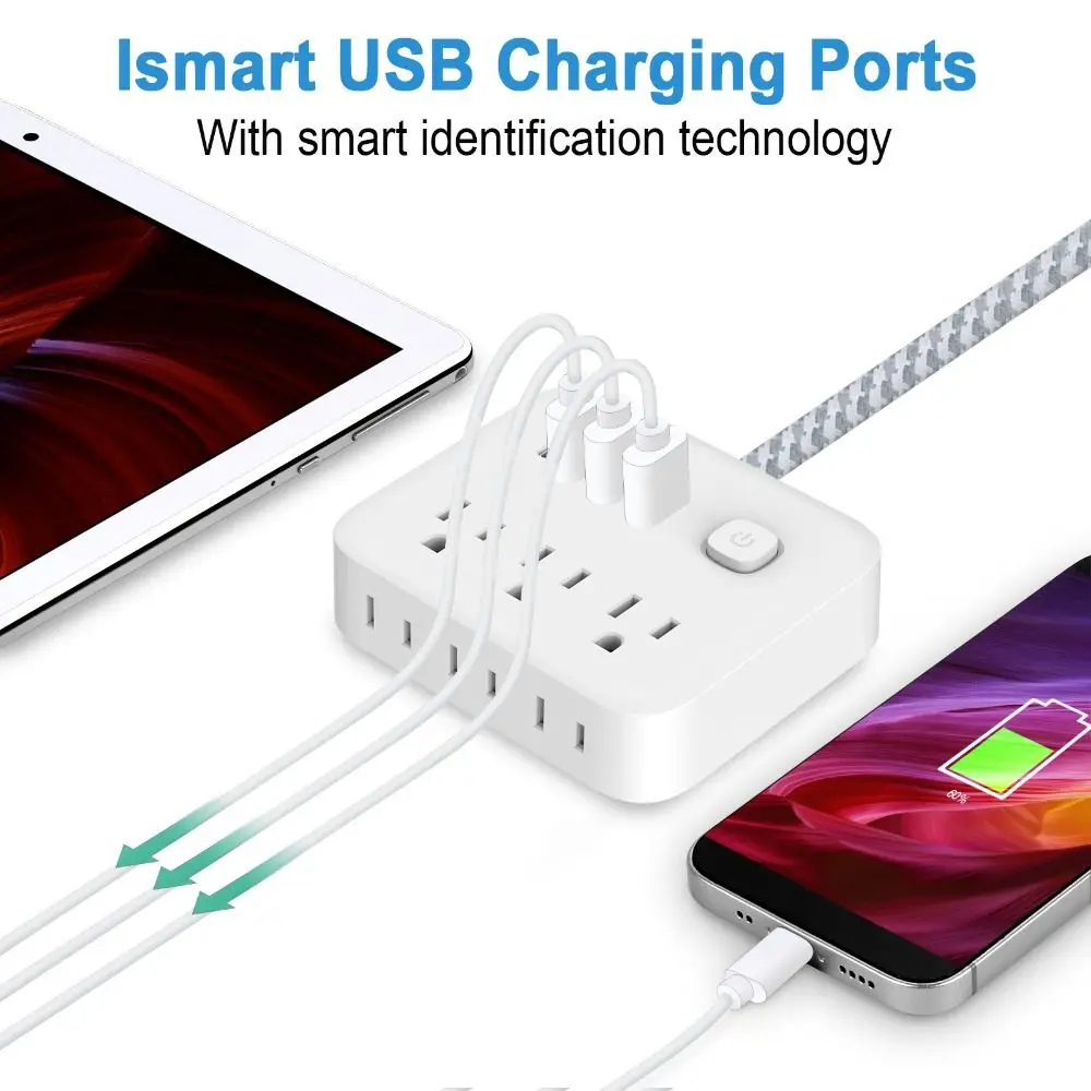 3 USB Slots Braided Cord Power Strip Type C Port Efficient Power Distribution USB Power Strip Braided Cord US Plug