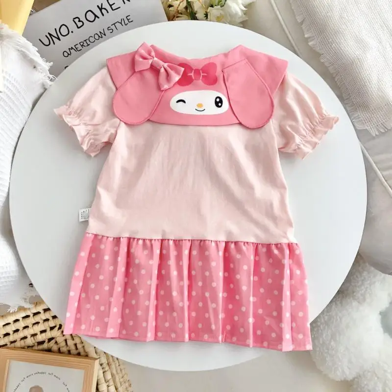 Kawaii Sanrio Anime My Melody Cinnamoroll Jk Dress Cartoon Cute Summer Leisure Wave Point Short Sleeved Skirt Girl Children Gift