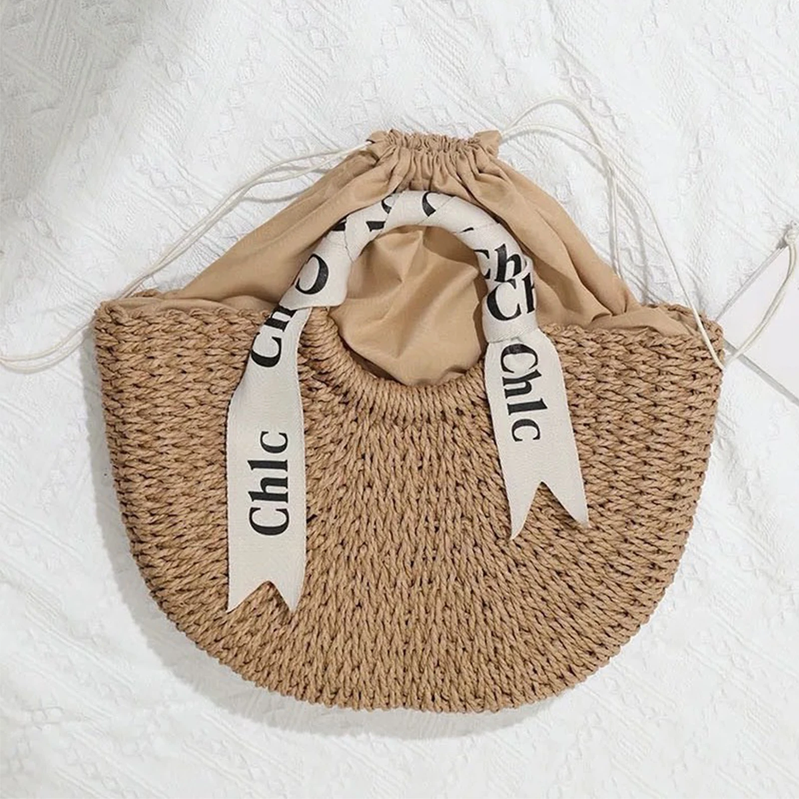 Women Half Moon Straw Rattan Woven Beach Tote Bag Handwoven Handbag Boho Vacation Bag with Letter Ribbon Lining