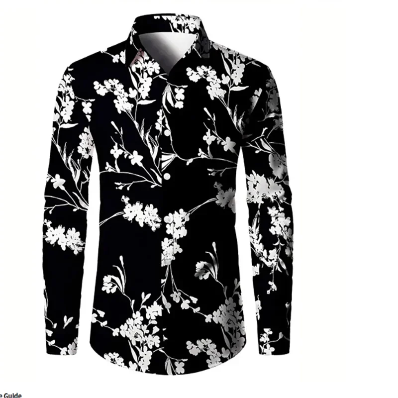 Men's Casual Shirt Rose Splashed Ink 3D Printed Shirt Outdoor Street Long Sleeved Printed Clothing Fashionable Street Clothing