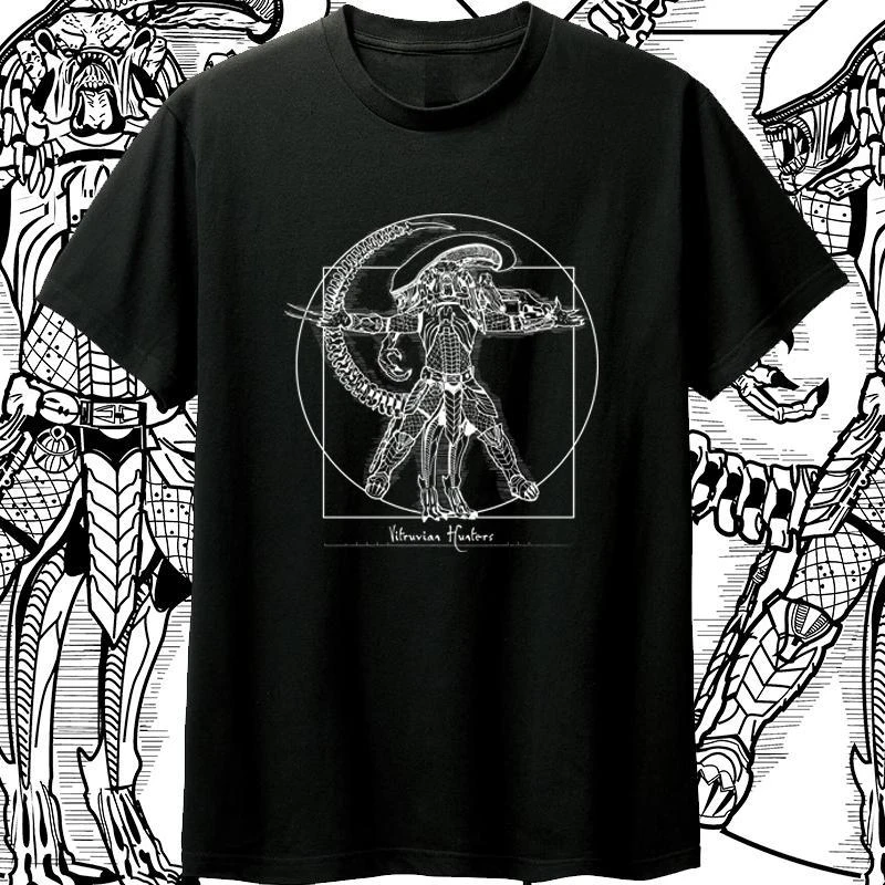 2026 Trend Unisex Short Sleeve T-shirt Vitruvian Hunters Alien Vs Predator Sketch Graphic Summer Daily Streetwear Cotton Tops