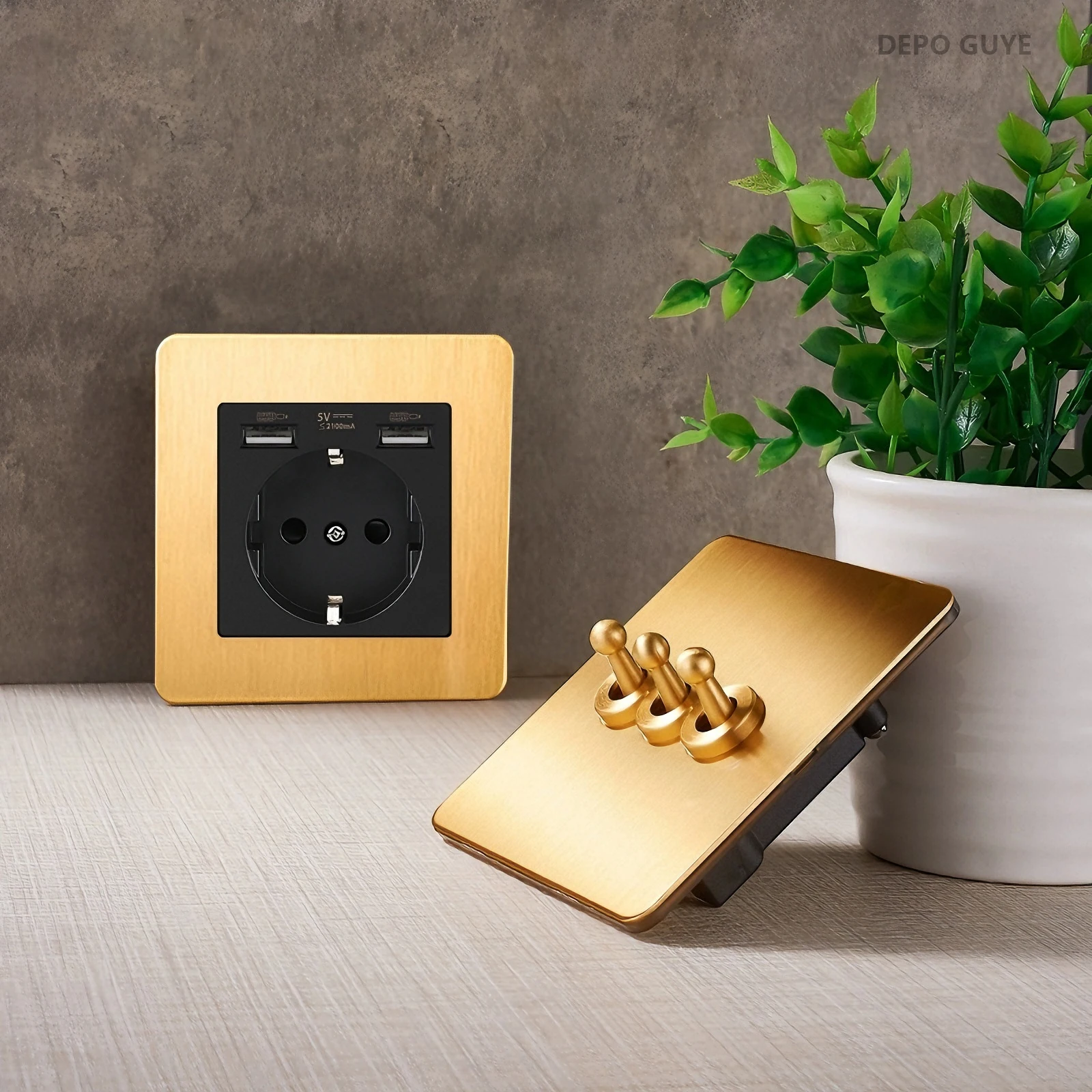 

Retro Wall Light Toggle Switch Dual EU FR Socket Gold Stainless Steel Brushed Panel Vintage Brass Lever For Home Improvement