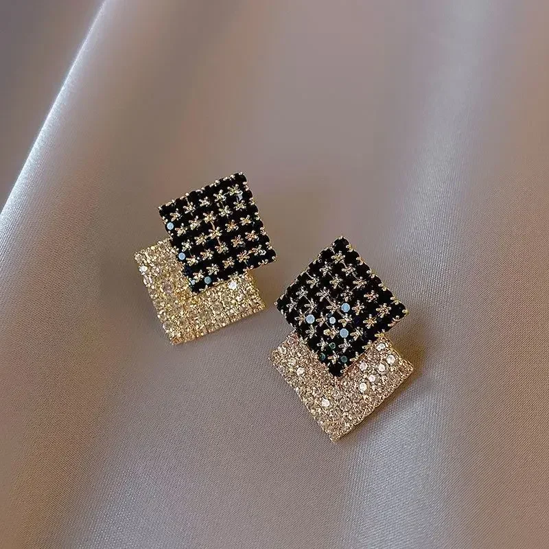 Big Black White Square Full Crystal Rhinestone Stud Earring for Women New Geometry Transparent Jewelry Christmas Girl Gift