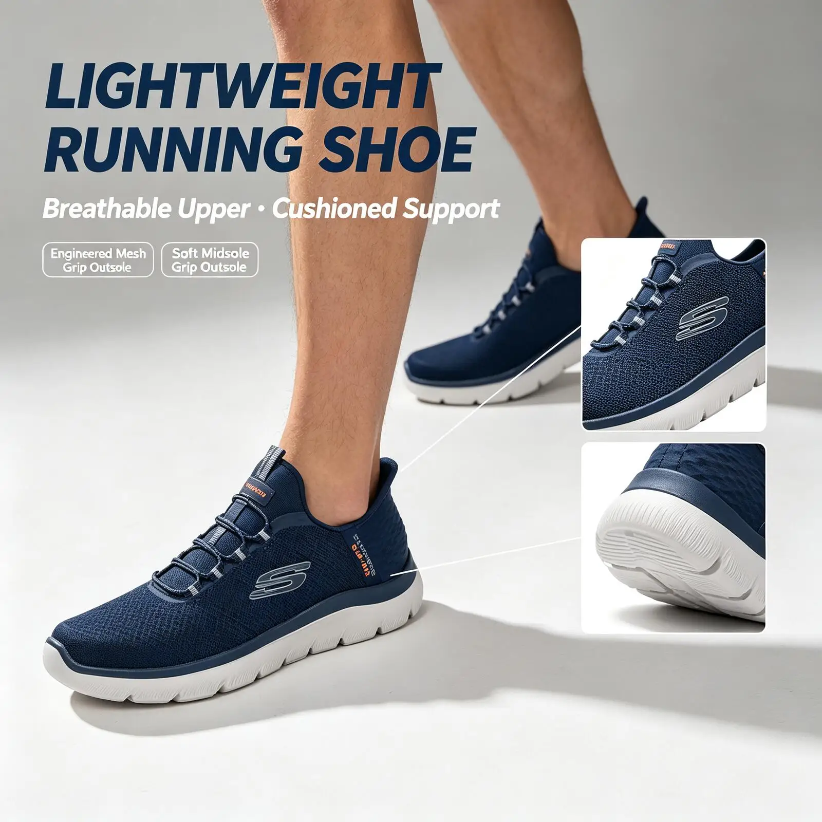 Hot Skechers Navy White Lightweight Running Shoes Breathable Mesh Athletic Sneakers Cushioned Non-Slip Walking Shoes for Men Wom